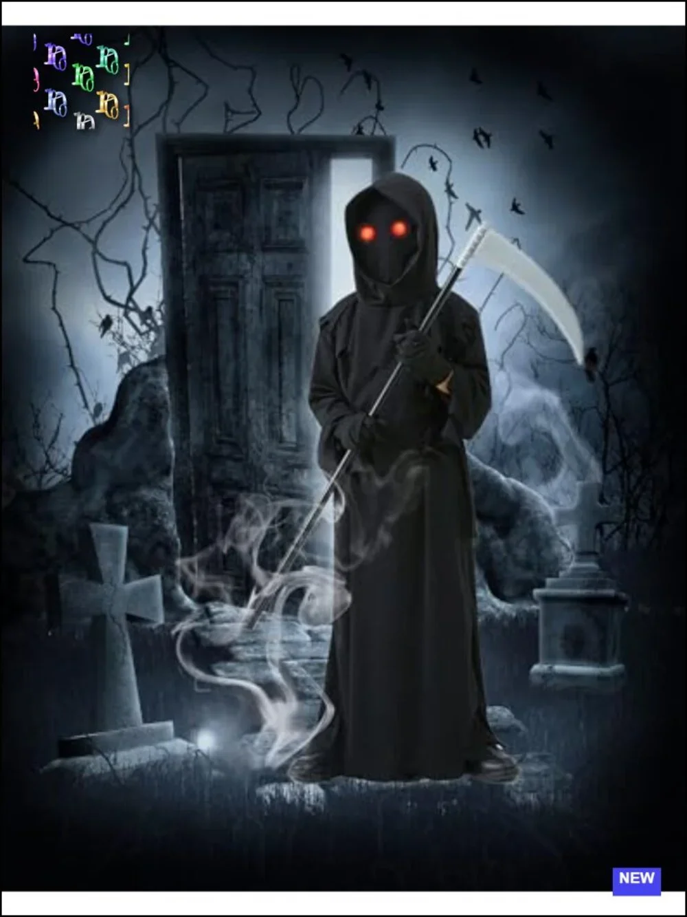 Kids Grim Reaper Halloween Costume 6pc Set Glowing Mask Hooded Robe